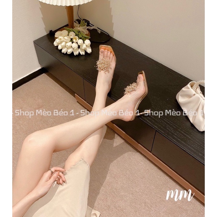 Guốc mica quai ngang chùm hạt gót nhọn fullbox hàng quảng châu cao cấp