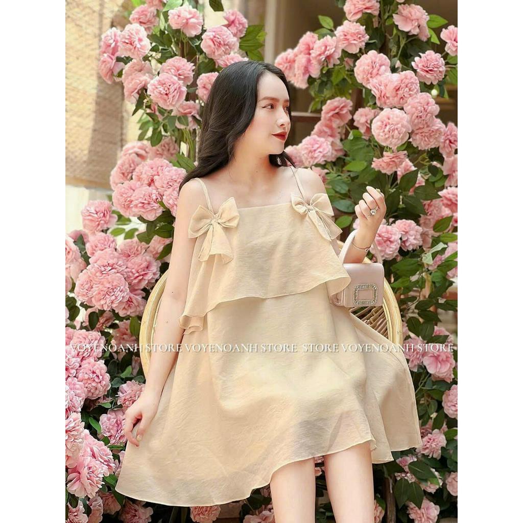 Đầm Babydoll, Dầm Váy Nữ 2 Dây Đính Nơ Xinh, Đầm Chất Kate 2 Tầng Rộng