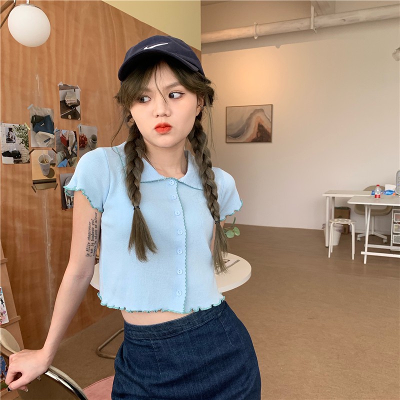 Korean women retro fashion tee wood ears short-sleeved crop top 7 C | BigBuy360 - bigbuy360.vn