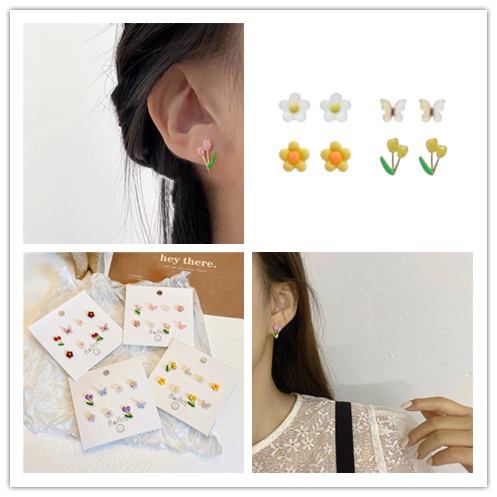 Bộ 8 bông tai hình hoa và bướm thiết kế đơn giản thời trang Hàn Quốc cho nữ