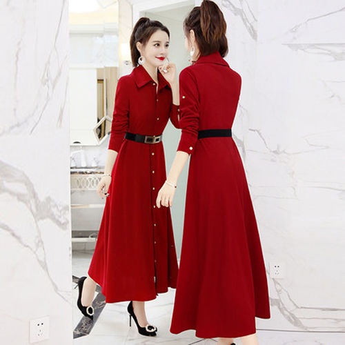 Đầm Sơ Mi Tay Dài Dáng Ôm Màu Đen / Đỏ Thời Trang Xuân Thu Xinh Xắn Cho Nữ