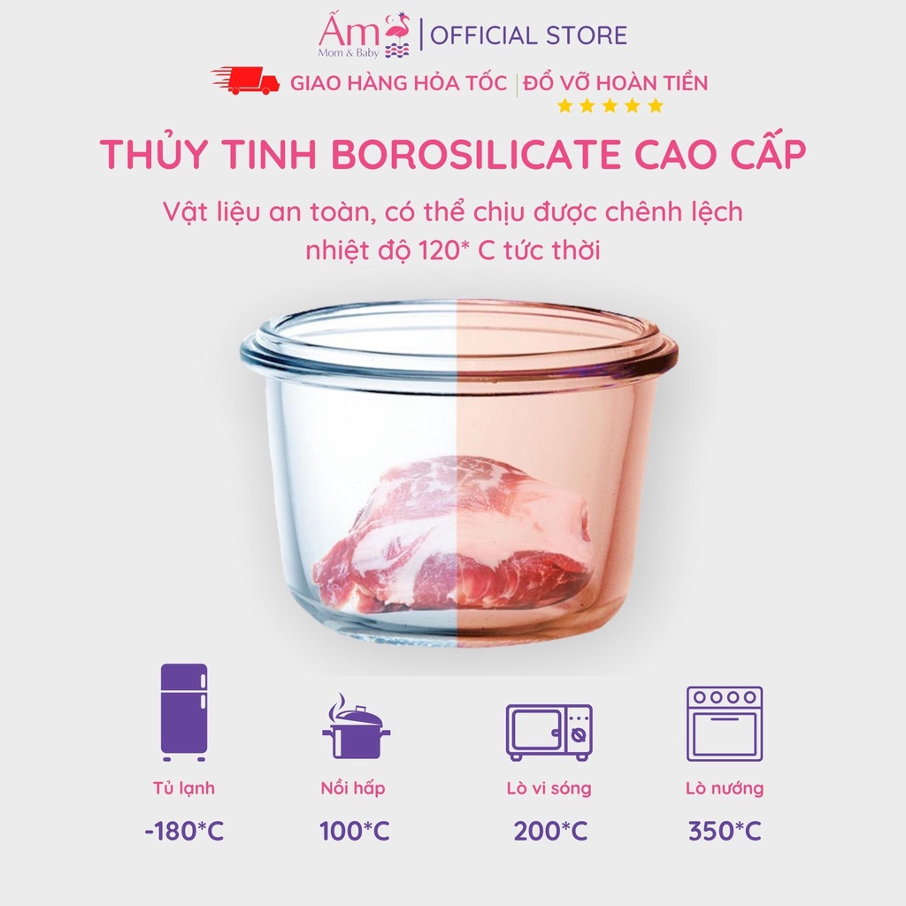 Hộp Trữ Đông Thủy Tinh Đựng Đồ Ăn Dặm Cho Bé Ấm Baby Dung Tích 150ml Ấm Gift Decor