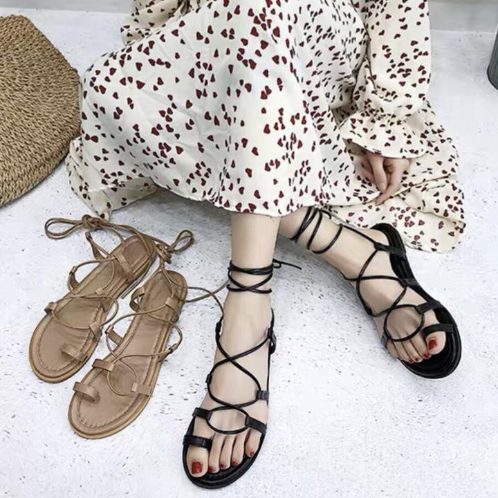 Giày sandal nữ xỏ ngón có dây buộc--sandal nữ đế bệt mẫu mới chất liệu da mềm dễ phối đồ[giay sandal hình thật sản phẩm]