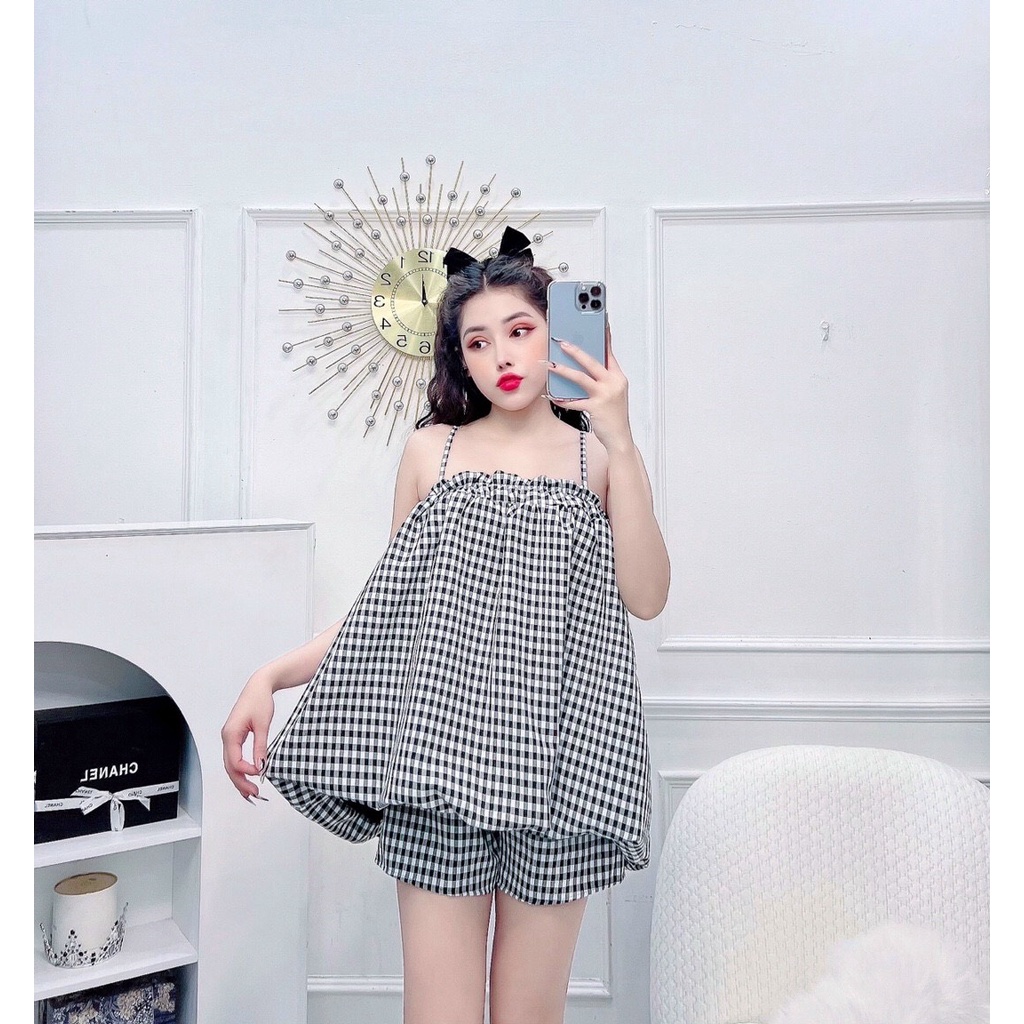 ( MIỄN PHÍ SHIP 2022) Set bộ ngủ nữ áo hai dây, set bộ bí caro nữ ngắn mặc ở nhà, đi chơi dễ thương