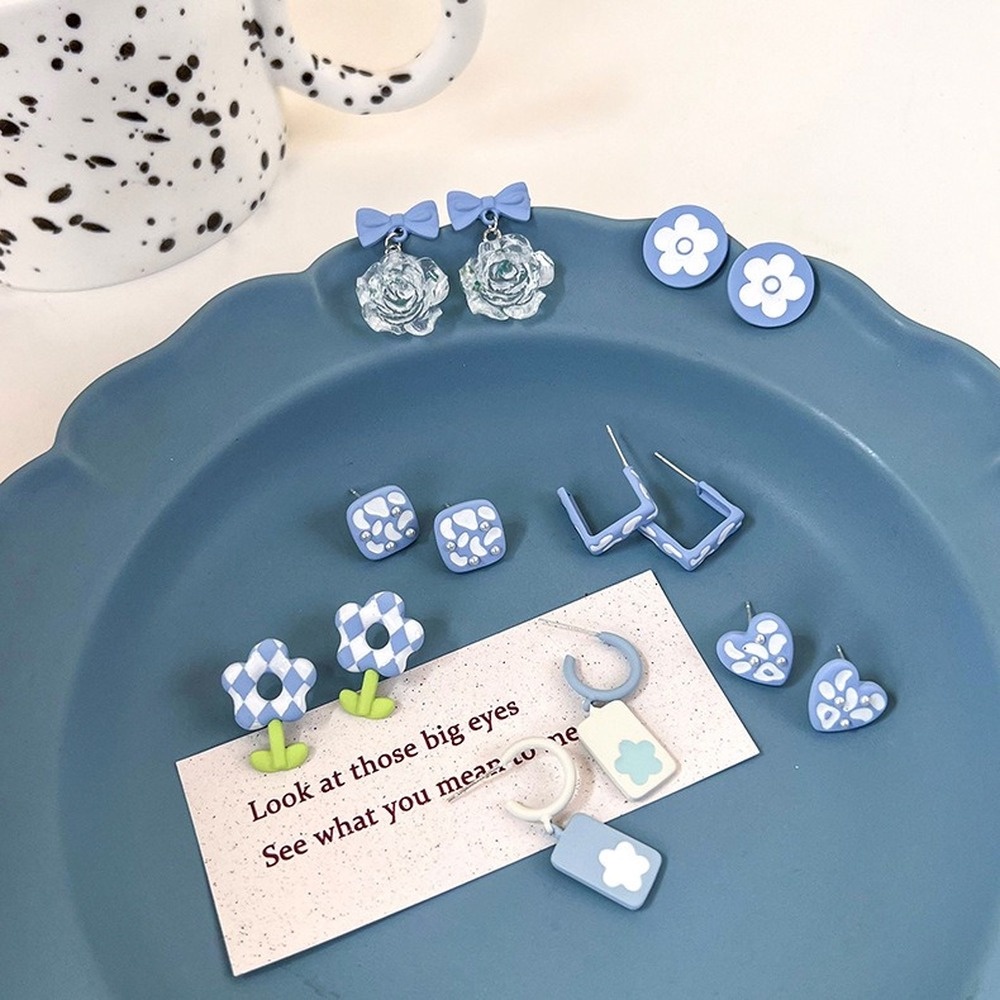 Khuyên Tai Hình Học Hoa Màu Xanh Dương Phong Cách Hàn Quốc Thời Trang Cho Nữ