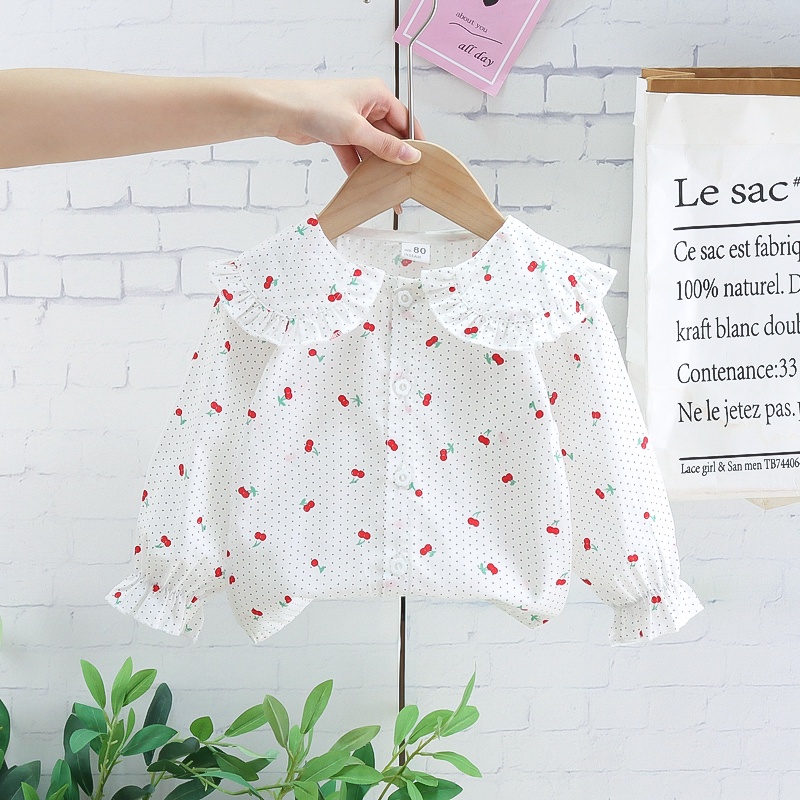 Áo Sơ Mi Cổ Búp Bê Tay Phồng In Họa Tiết Quả Dâu Thời Trang Mùa Xuân Cho Bé 0-6 Tuổi