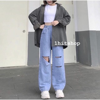 Quần Jean Ống Rộng XANH RÁCH Ulzzang Unisex 1hitshop