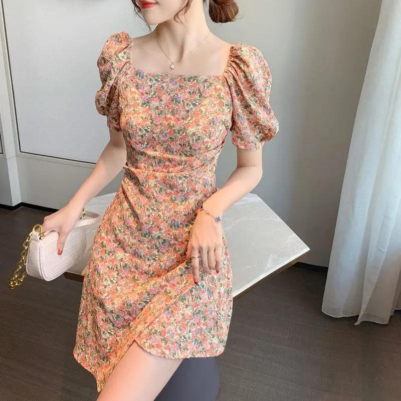 French bubble sleeves square collar floral dress waist show small irregular skirt