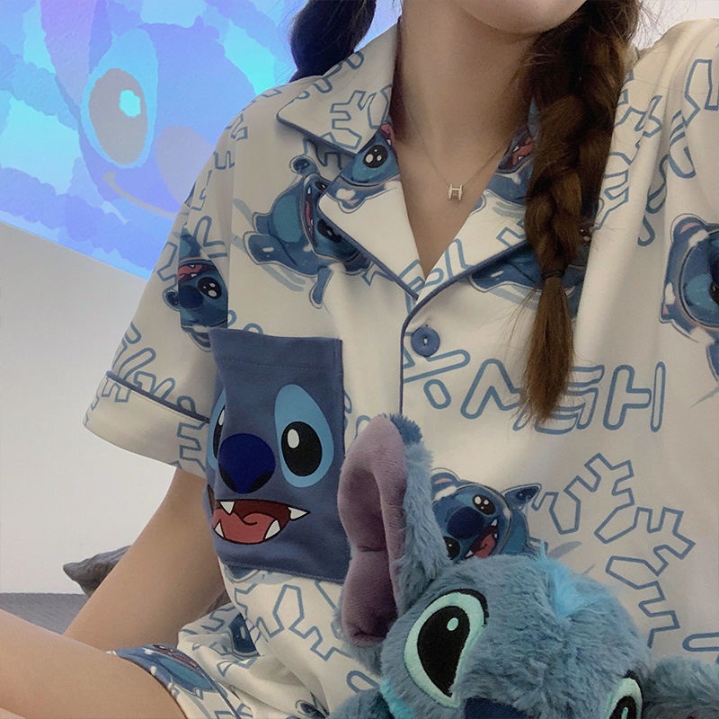 Bộ Đồ Ngủ Ngắn Tay Có Túi In Hình Stitch Hoạt Hình Dễ Thương