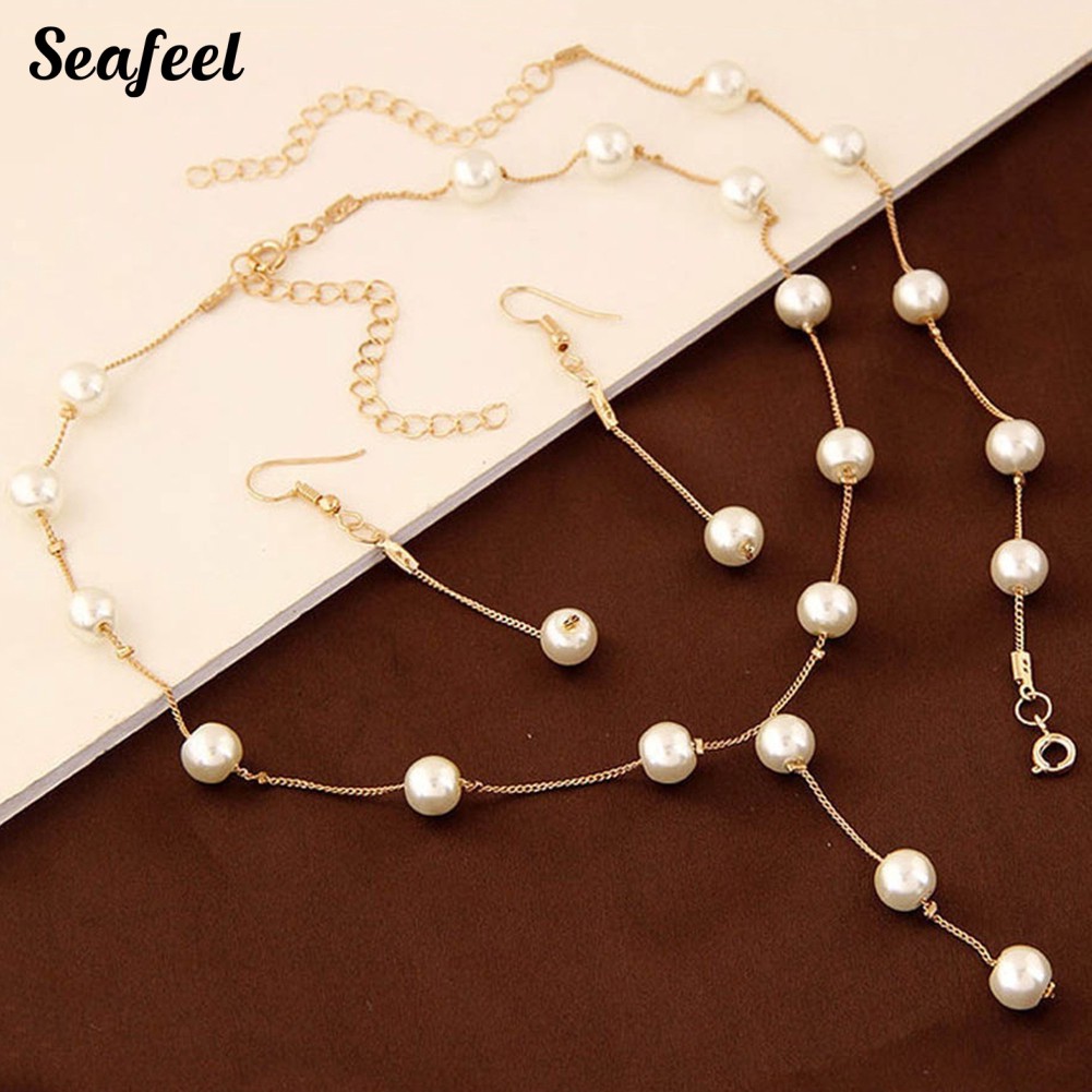 Set dây chuyền / vòng tay / khuyên tai đính ngọc trai nhân tạo thời trang