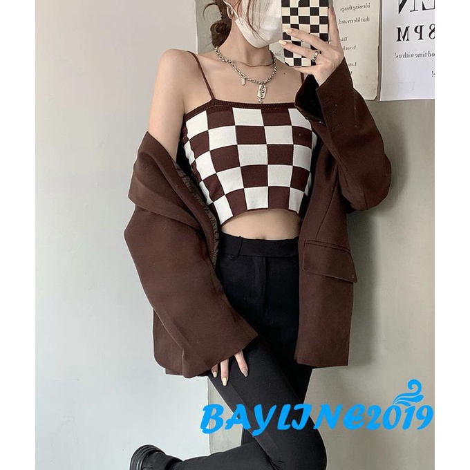 Áo lửng hai dây họa tiết kẻ ô vuông màu nâu/đen thời trang cho nữ