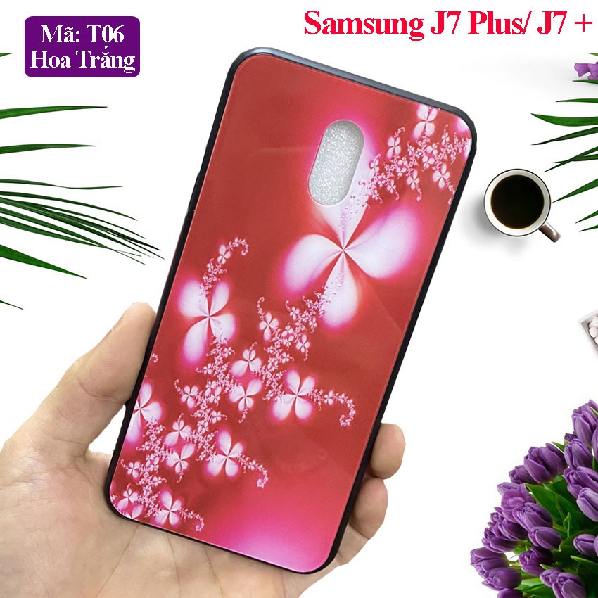 Ốp lưng Samsung J7 Plus /J7+ mặt kính cường lực sang trọng in hoa văn 3D sắc nét chống trầy xước, case op lung galaxy