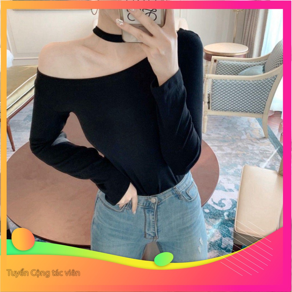 Dọn kho 11259B1 Áo trễ vai tay dài kèm vòng cổ sexy Dọn kho