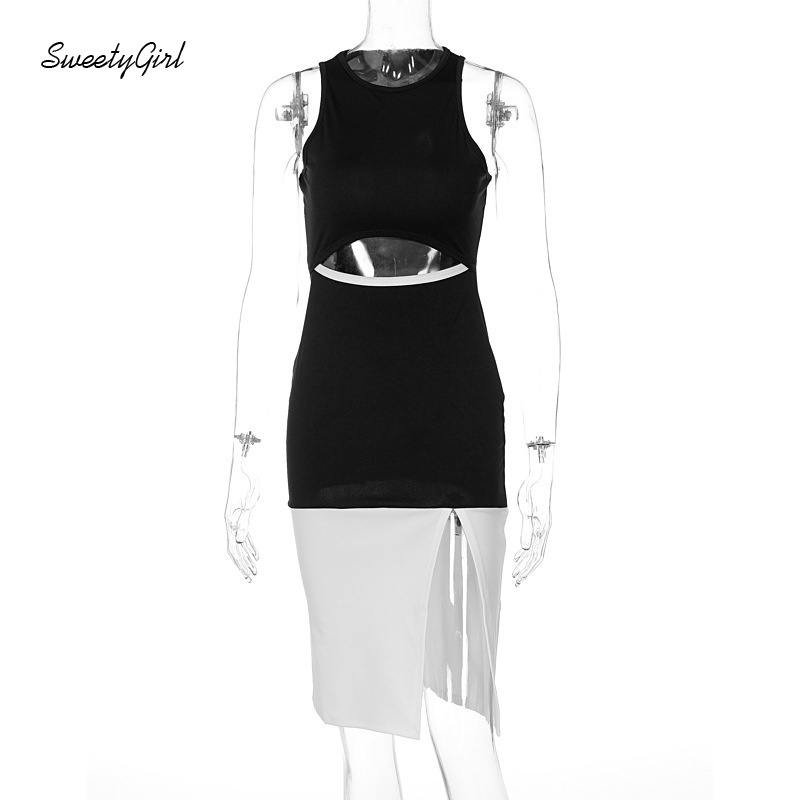 Đầm Midi Không Tay Cổ Tròn Dáng Ôm Phối Màu Tương Phản Thời Trang Cho Nữ