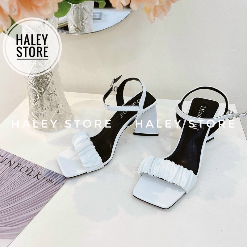Giày sandal nữ HALEY STORE quai ngang nhún nhúm bèo gót tam giác thời trang rẻ bền đẹp phong cách tiểu thư sang trọng