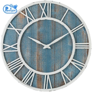 Farmhouse, Home Improvement Metal and Solid Wood Silent Wall Clock (Blue, 15.75 Inches)