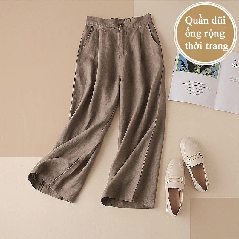 Quần đũi Nhật, ống rộng, dài - Quần culottes đũi dáng dài ống rộng siêu Hot dáng suông - cạp chun khoá thật siêu mát