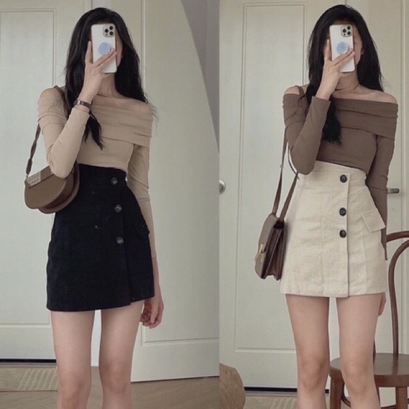 Chân Váy Nhung Chữ A Ôm Eo Cạp Lệch Vải Dày Dặn