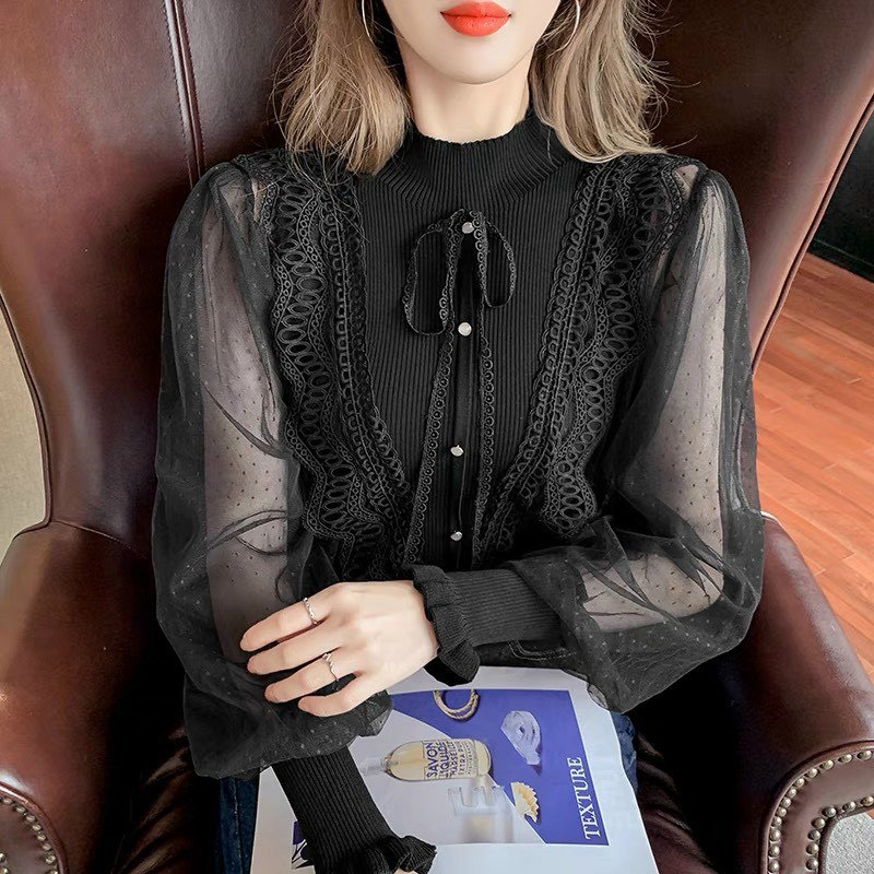 [ảnh thật-sẵn] Áo len tăm pha viền ren nơ pha tay voan hoa nổi | BigBuy360 - bigbuy360.vn