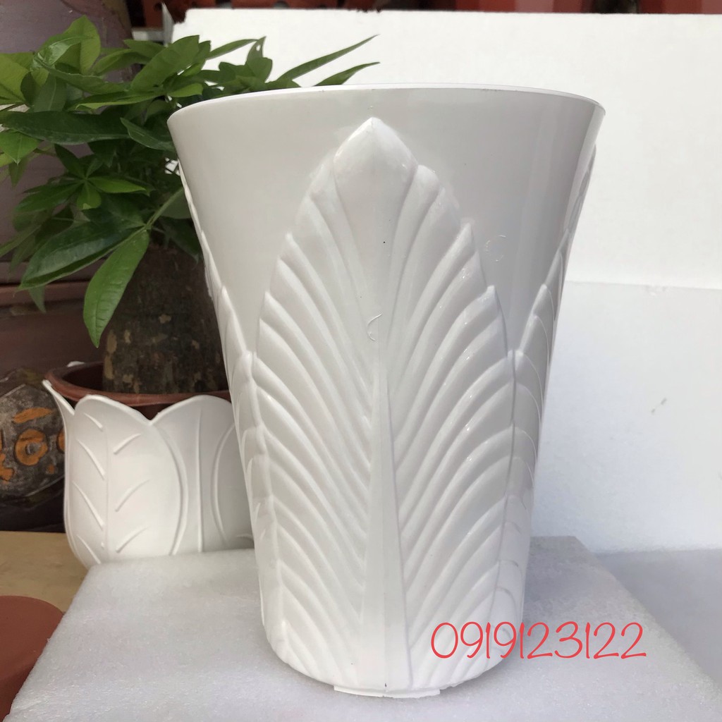 Chậu ống lá cỡ lớn trồng hoa nhựa dày trắng 33x42cm