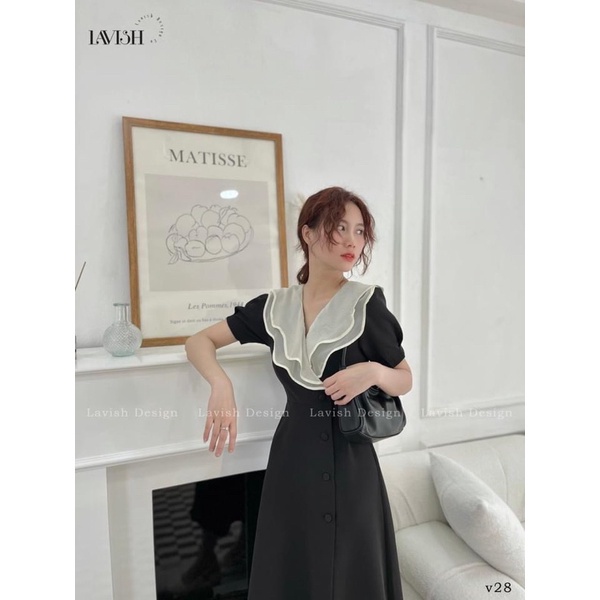 Váy midi phối cổ voan tơ lớp vạt thắt dây cúc bọc