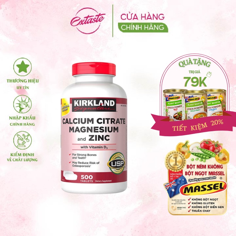 Viên uống hỗ trợ xương chắc khỏe Kirkland Calcium Citrate Magnesium and ZinC (500 viên/ chai) bổ sung canxi kẽm magie