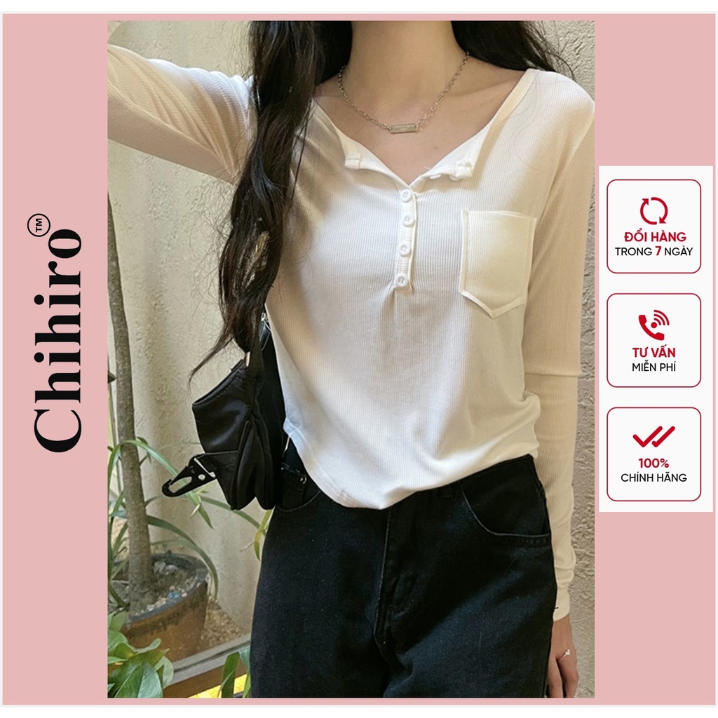 Áo Thun Nữ Dài Tay Cổ Khuyết Cài Khuy Đuôi Tôm Chất Thun Len Tăm Mỏng Chihiro Hàng Đẹp