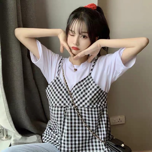 Bigsize S-4XL Áo phông phối giả yếm kẻ siêu xinh