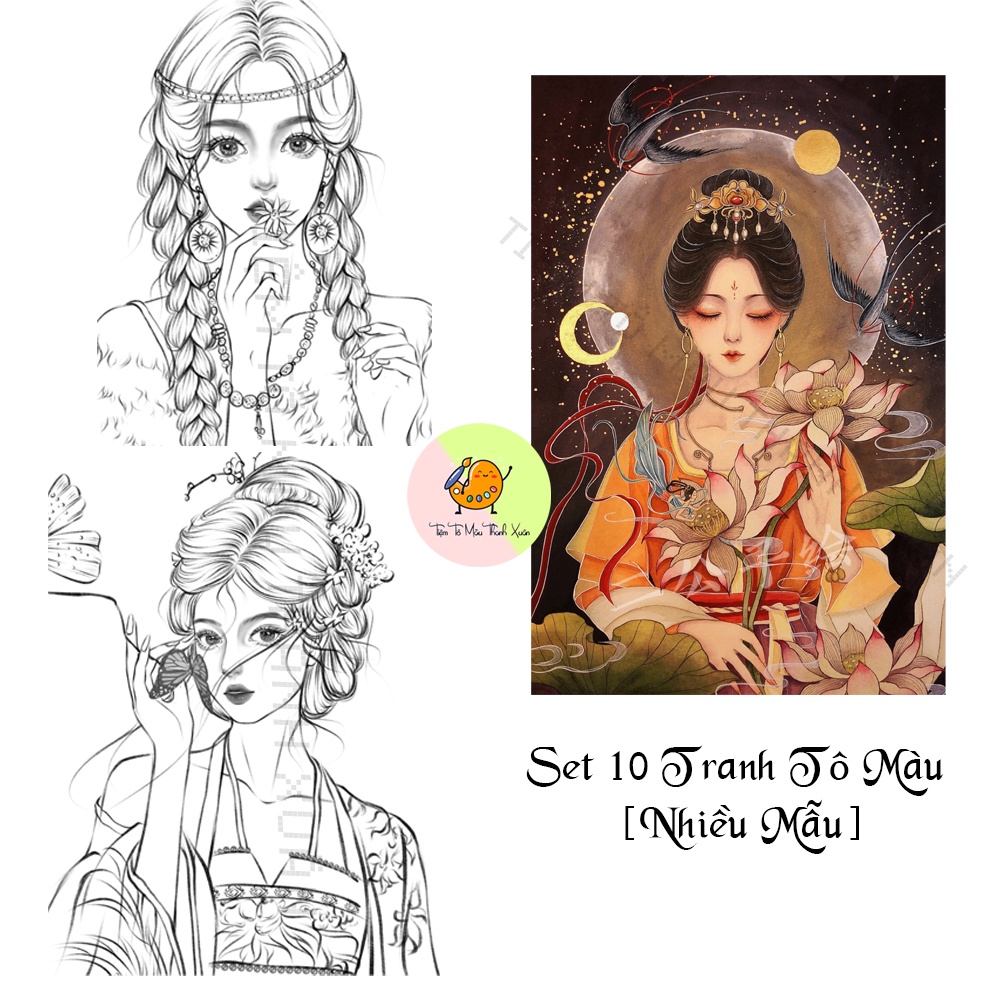 Set 10 Tờ Tranh Tô Màu Cổ Trang Hiện Đại Nhiều Mẫu Tô Màu Sáp, Màu Chì - Tiệm Tô Màu Thanh Xuân