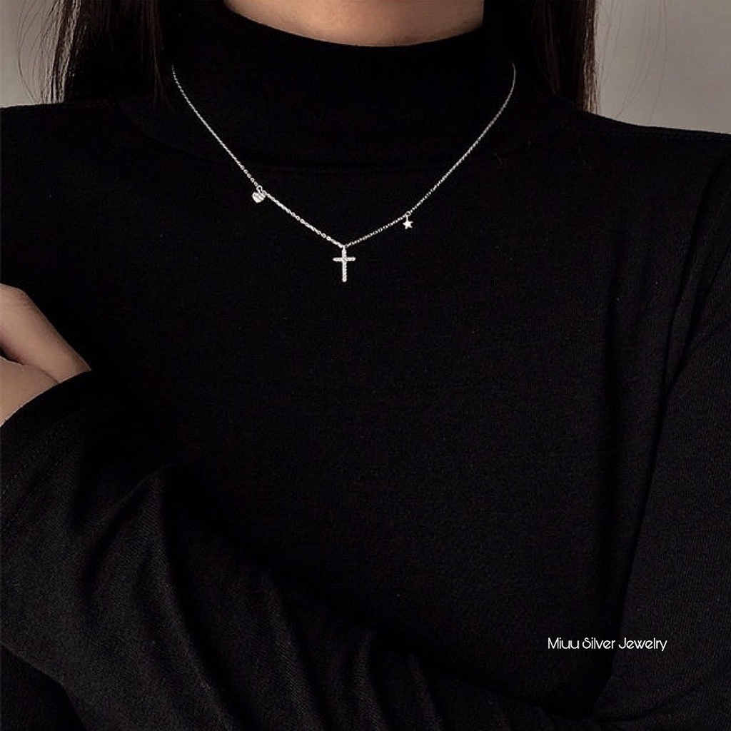 Dây chuyền bạc nữ mặt thập giá Miuu Silver, vòng cổ nữ T - Cross với charm trái tim, ngôi sao