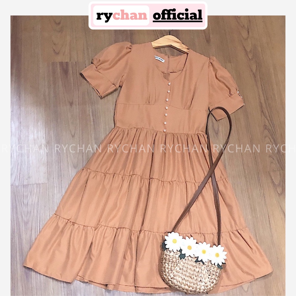 DX814 - Đầm Xòe Đính Ngọc Tay Phồng 3 Màu