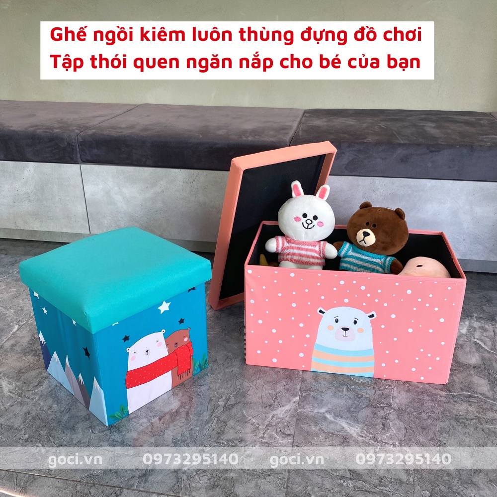 Thùng đựng đồ chơi kiêm ghế đôn ngồi gấp gọn đa năng cho trẻ em ngồi và đựng đồ tiện lợi hàng VNKK khung gỗ cứng