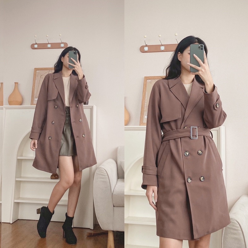 trench coat 6 khuy nâu/ đen