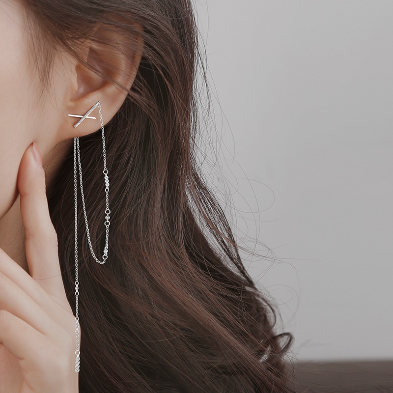 Bông tai mạ bạc 925 dạng dây tua dài đính đá zircon thời trang cho nữ