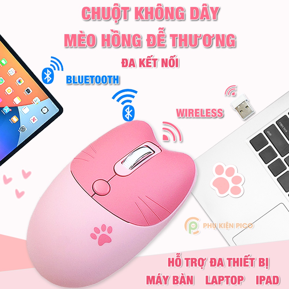 Chuột không dây hồng - Chuột Bluetooth máy tính không dây Wireless dễ thương chân mèo hình thú đối thủ của Logitech