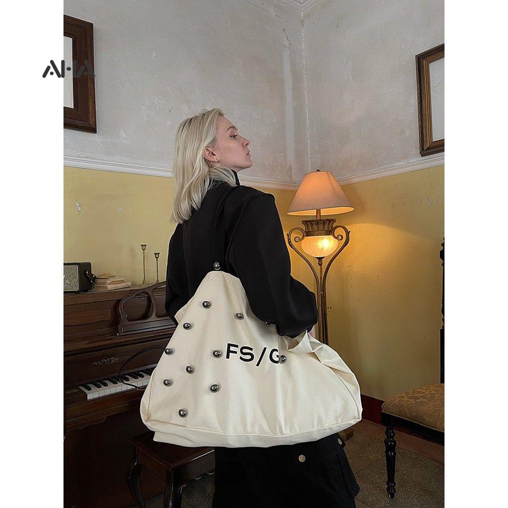 Túi xách AHA official canvas cỡ lớn đính hạt tròn in họa tiết dễ thương