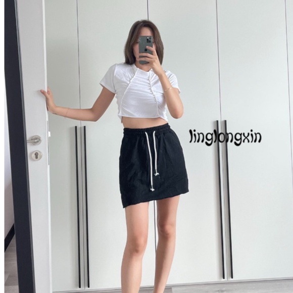 Áo Thun Croptop Tay Ngắn Cổ Cao Màu Trơn Thời Trang Cho Nữ Linglongxi2