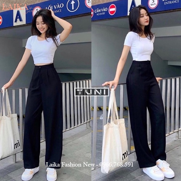 Quần ống rộng nữ lưng cao khóa trước thật vải tuyết mưa dày mềm dáng quần tây nữ ống rộng cạp cao đi học làm công sở đẹp