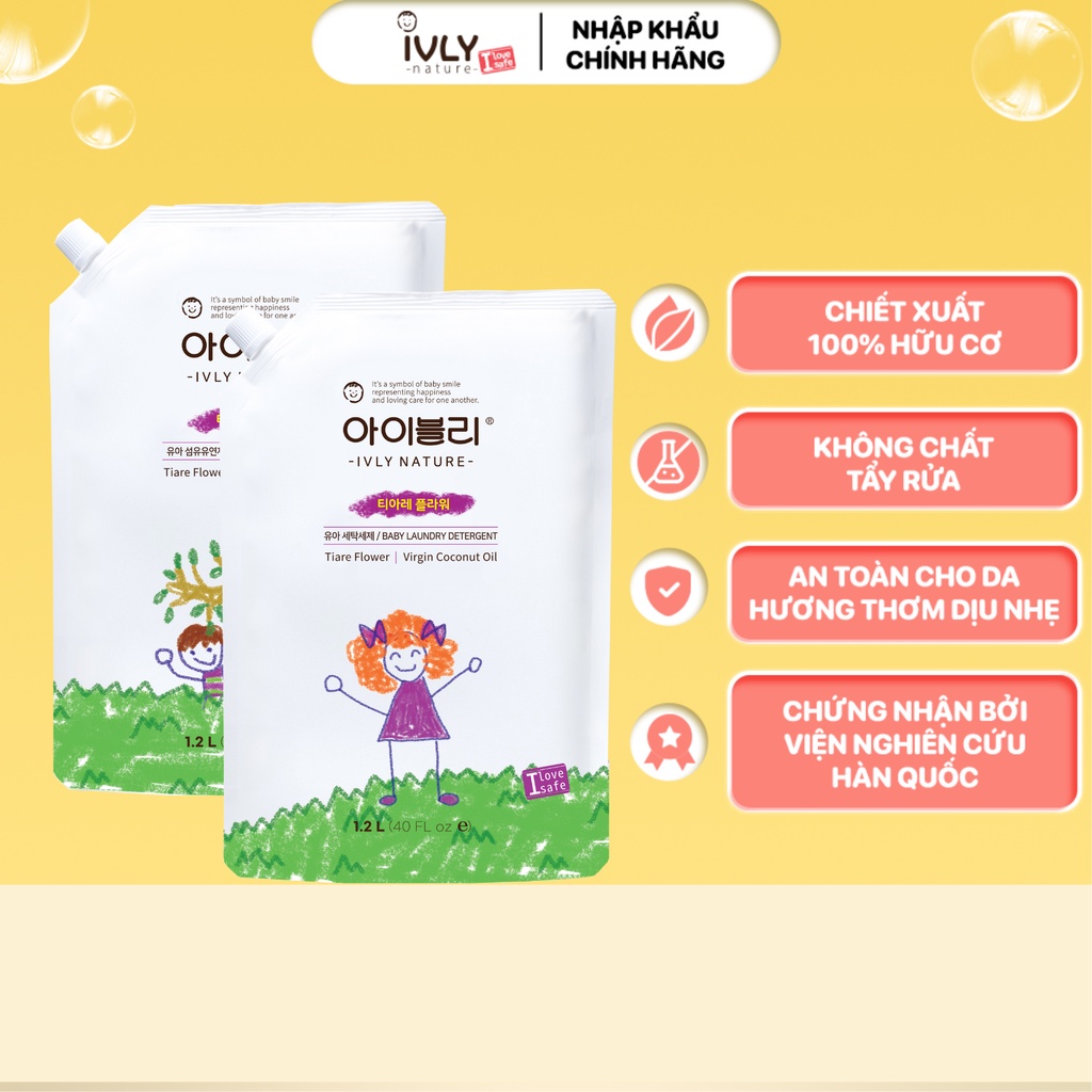 Combo nước giặt và nước xả vải IVLY NATURE nội địa Hàn Quốc hương hoa Tiare và tinh dầu dừa dung tích 1200ml