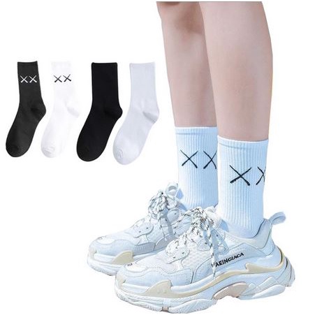 Tất nam nữ Unisex cao cổ cổ cao có chữ X và tất gấu trơn trắng đen, Vớ Nam nữ Unisex cao cổ cao cổ ngắn