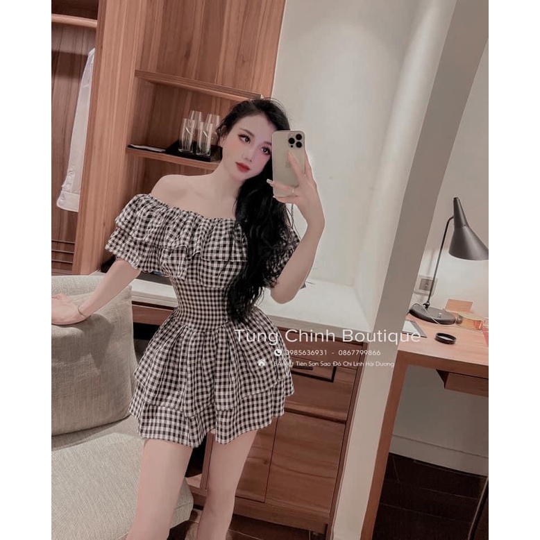 (Free Ship) Đầm Ford Caro Trễ Vai Xinh Tựa Tiên Nữ UP Valetina Shop