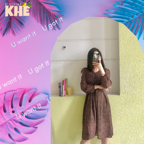 - Váy hoa dáng dài vintage, tay dài, dây thắt eo nữ tính - thu đông