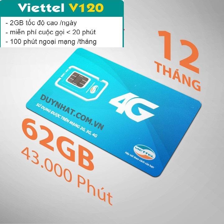 [60GB/tháng] Sim 4G Viettel V120 Khuyến Mãi 60 GB DATA tốc độ cao + 4300 phút gọi nội mạng + 50 phút liên mạng miễn phí