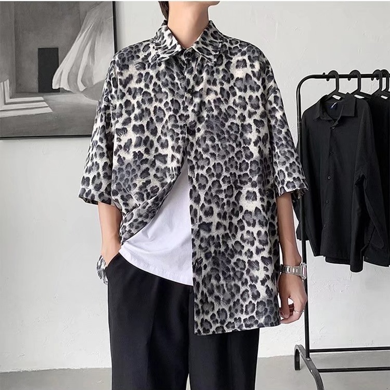 Áo Sơ Mi Tay Ngắn Dáng Suông In Hoạ Tiết Da Báo Sành Điệu Thời Trang Phong Cách Hàn Quốc Cho Nam Size M-2XL