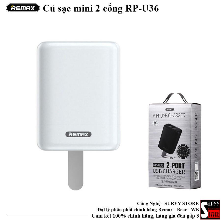 Củ sạc mini 2 cổng RP-U36, chất liệu ABS cao cấp, tự động điều chỉnh dòng điện - Bảo hành 12 tháng