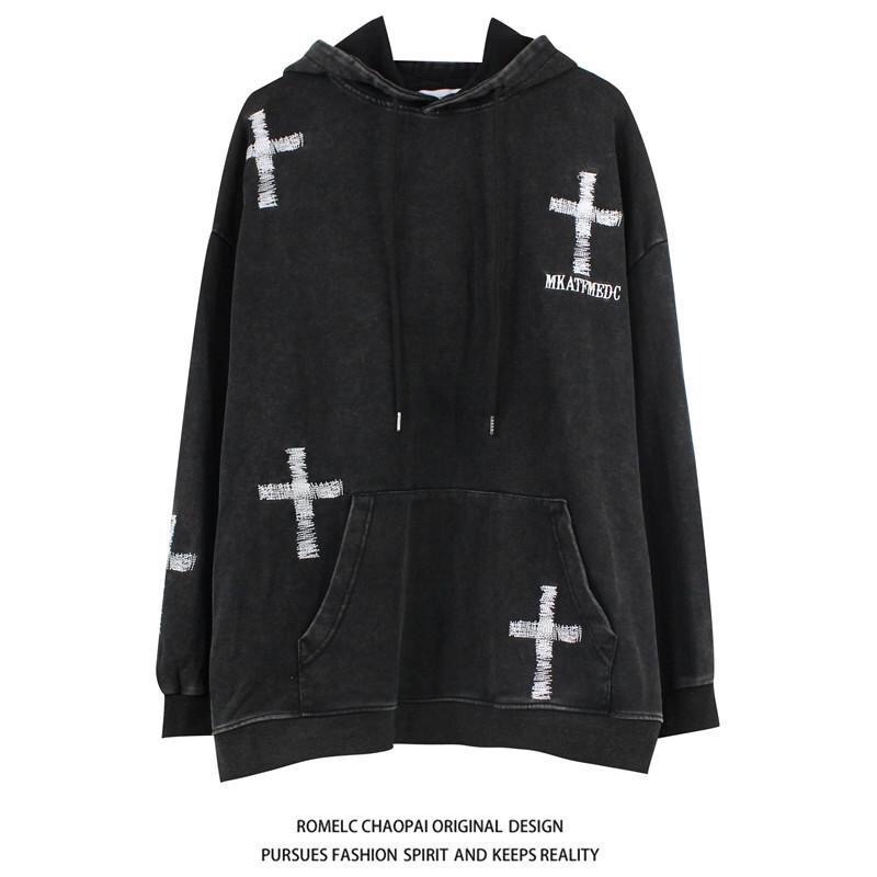 áo hoodie thập giá form rộng màu xám chuột