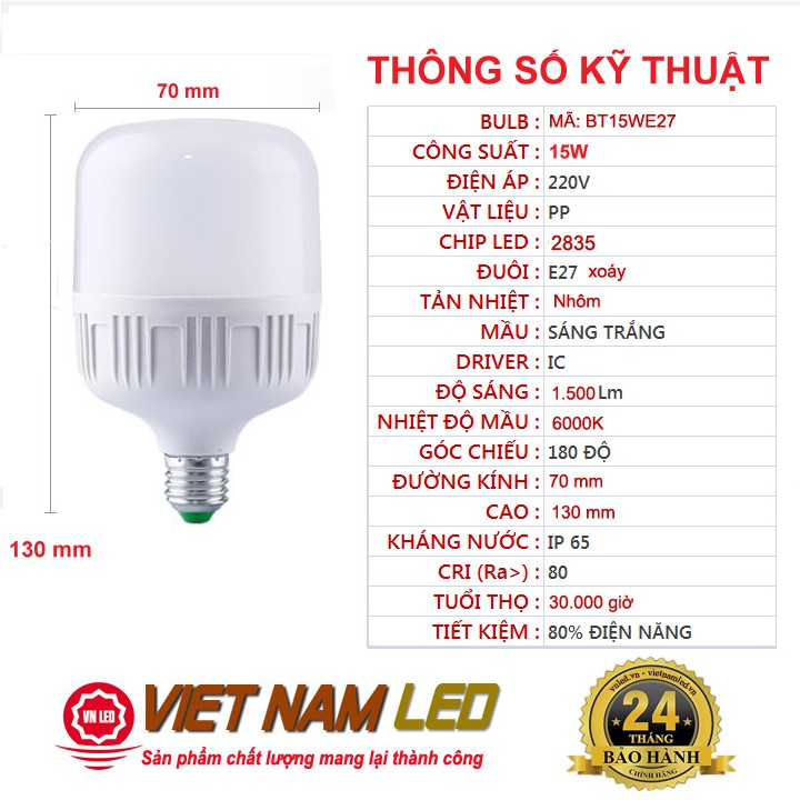 Bóng đèn led trụ 5W, 15W,20W, 30W, 40W, 50W, 60W, bóng led bulb, chính hãng VNLED