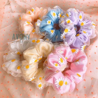 🌼 cột tóc vải Scrunchies lưới thêu hoa cúc hoạ mi 2 lớp