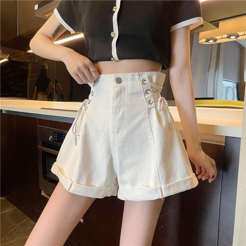 Quần Short Denim Nữ Cạp Cao Ống Rộng Thắt Dây Mùa Hè Hàn Quốc Mới