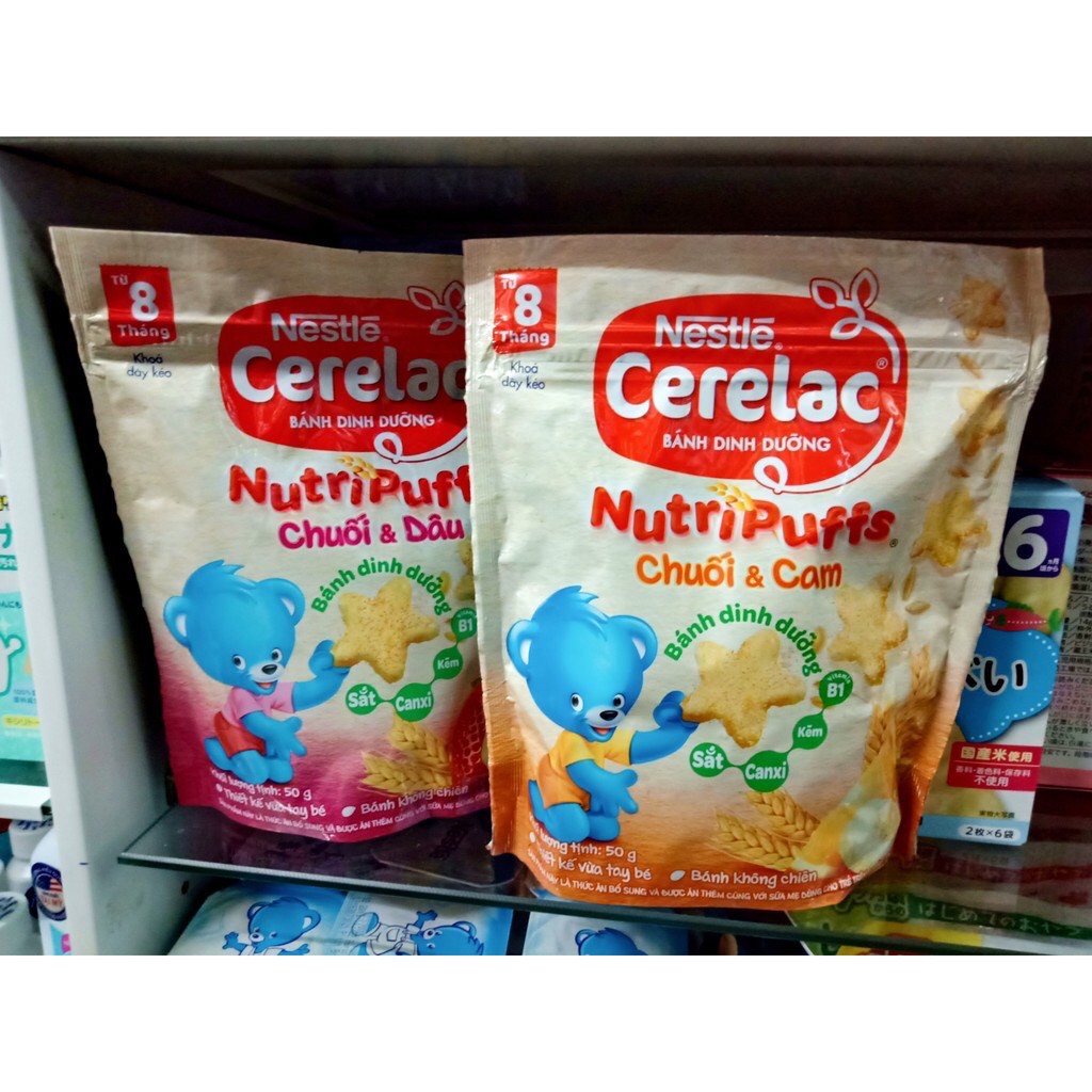 Bánh Ăn Dặm Nestlé CERELAC Nutripuffs Vị Chuối Dâu- Chuối Cam - Gói 50g